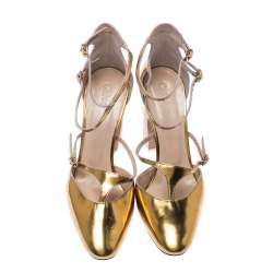 Pre Owned Chloe Gold Metallic Leather Block Heel Ankle Strap Pumps Size 37