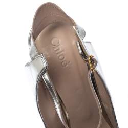 Pre Owned Chloe Metallic Silver Leather Ankle Strap Block Heel Sandals Sizer 38