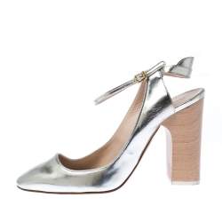 Pre Owned Chloe Metallic Silver Leather Ankle Strap Block Heel Sandals Sizer 38