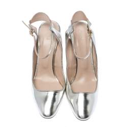 Pre Owned Chloe Metallic Silver Leather Ankle Strap Block Heel Sandals Sizer 38