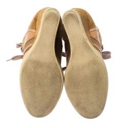 Chloe Beige/Brown Suede Leather And Canvas Lace Up Wedge Ankle Boots Size 38