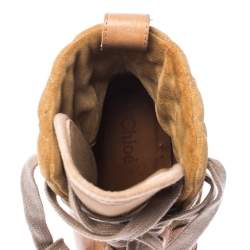 Chloe Beige/Brown Suede Leather And Canvas Lace Up Wedge Ankle Boots Size 38