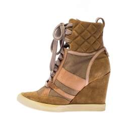 Chloe Beige/Brown Suede Leather And Canvas Lace Up Wedge Ankle Boots Size 38