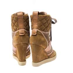 Chloe Beige/Brown Suede Leather And Canvas Lace Up Wedge Ankle Boots Size 38