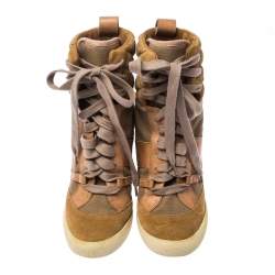 Chloe Beige/Brown Suede Leather And Canvas Lace Up Wedge Ankle Boots Size 38