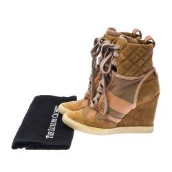 Chloe Beige/Brown Suede Leather And Canvas Lace Up Wedge Ankle Boots Size 38