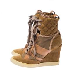 Chloe Beige/Brown Suede Leather And Canvas Lace Up Wedge Ankle Boots Size 38