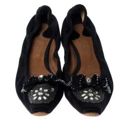Pre Owned Chloe Black Satin Embellished Pointed Toe Scrunch Ballet Flats Size 42