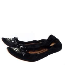 Pre Owned Chloe Black Satin Embellished Pointed Toe Scrunch Ballet Flats Size 42