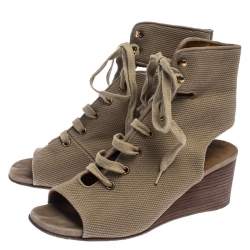Chloe Beige Canvas Ghillie Lace Up Wedge Sandals Size 36