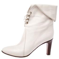 Chloe White Leather And Beige Canvas Kole Ankle Boots Size 38