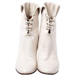 Chloe White Leather And Beige Canvas Kole Ankle Boots Size 38