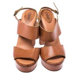 Chloe Tan Leather Platform Ankle Strap Block Heel Sandals Size 39.5