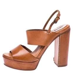 Chloe Tan Leather Platform Ankle Strap Block Heel Sandals Size 39.5