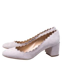 Pre Owned Chloe Light Grey Suede Lauren Scallop Trim Block Heel Pumps Size 39