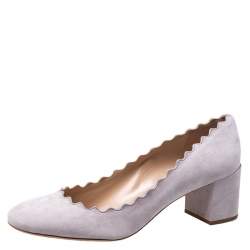 Pre Owned Chloe Light Grey Suede Lauren Scallop Trim Block Heel Pumps Size 39