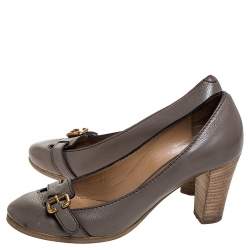 Chloe Grey Leather Buckle Detail Block Heel Pumps Size 37