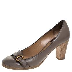 Chloe Grey Leather Buckle Detail Block Heel Pumps Size 37