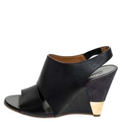 Chloe Black Leather Eliza Wedge Slingback Sandals Size 39.5