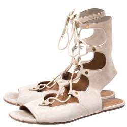 Chloe Beige Suede Gladiator Ankle Wrap Flap Sandals Size 38.5