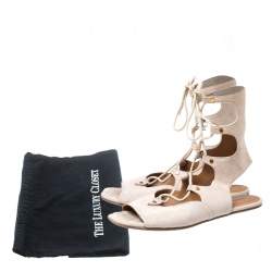 Chloe Beige Suede Gladiator Ankle Wrap Flap Sandals Size 38.5