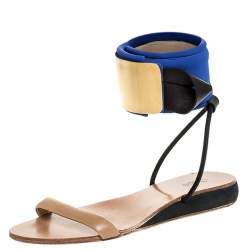 Chloe Blue/Beige Leather And Nylon Ankle Cuff Flat Sandals Size 38