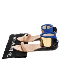 Chloe Blue/Beige Leather And Nylon Ankle Cuff Flat Sandals Size 38