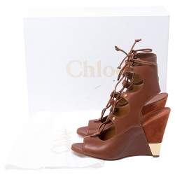 Pre Owned Chloe Brown Leather Eliza Ankle Wrap Wedge Sandals Size 40