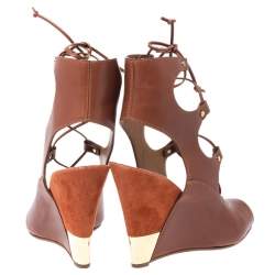 Pre Owned Chloe Brown Leather Eliza Ankle Wrap Wedge Sandals Size 40