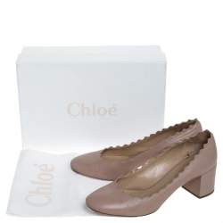 Pre Owned Chloe Beige Leather Lauren Scallop Trim Block Heel Pumps Size 38.5
