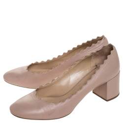 Pre Owned Chloe Beige Leather Lauren Scallop Trim Block Heel Pumps Size 38.5