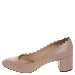 Pre Owned Chloe Beige Leather Lauren Scallop Trim Block Heel Pumps Size 38.5