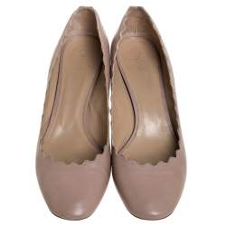 Pre Owned Chloe Beige Leather Lauren Scallop Trim Block Heel Pumps Size 38.5