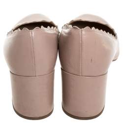 Pre Owned Chloe Beige Leather Lauren Scallop Trim Block Heel Pumps Size 38.5