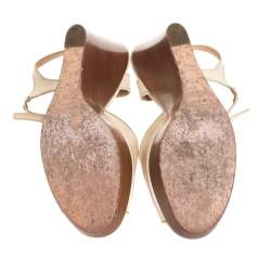 Pre Owned Chloe Beige Leather Peep Toe Ankle Strap Wooden Wedge Platform Sandals Size 38.5