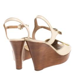 Pre Owned Chloe Beige Leather Peep Toe Ankle Strap Wooden Wedge Platform Sandals Size 38.5