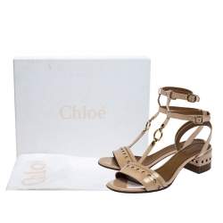 Pre Owned Chloe Beige Brogues Patent Leather Perry T Strap Sandals Size 38