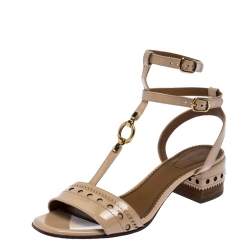 Pre Owned Chloe Beige Brogues Patent Leather Perry T Strap Sandals Size 38