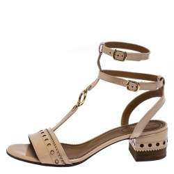 Pre Owned Chloe Beige Brogues Patent Leather Perry T Strap Sandals Size 38