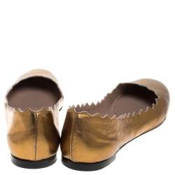 Pre Owned Chloe Gold Leather Lauren Scalloped Ballet Flats Size 39