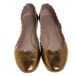 Pre Owned Chloe Gold Leather Lauren Scalloped Ballet Flats Size 39
