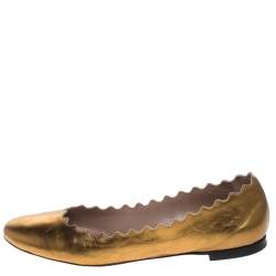 Pre Owned Chloe Gold Leather Lauren Scalloped Ballet Flats Size 39
