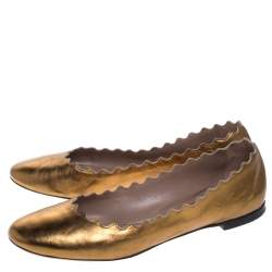Pre Owned Chloe Gold Leather Lauren Scalloped Ballet Flats Size 39