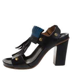 Chloe Black Leather Fringes Block Heel Sandals Size 39.5