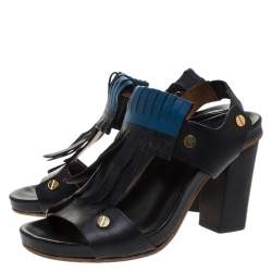 Chloe Black Leather Fringes Block Heel Sandals Size 39.5