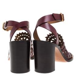 Pre Owned Chloe Burgundy Leather Laser Cut Block Heel Ankle Strap Sandals Size 39