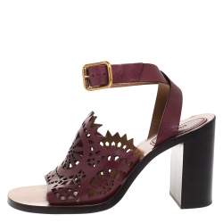 Pre Owned Chloe Burgundy Leather Laser Cut Block Heel Ankle Strap Sandals Size 39