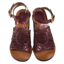 Pre Owned Chloe Burgundy Leather Laser Cut Block Heel Ankle Strap Sandals Size 39
