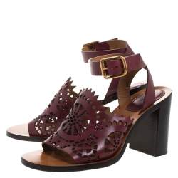 Pre Owned Chloe Burgundy Leather Laser Cut Block Heel Ankle Strap Sandals Size 39