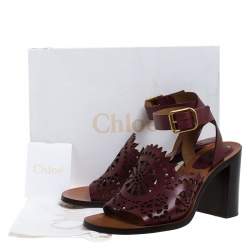 Pre Owned Chloe Burgundy Leather Laser Cut Block Heel Ankle Strap Sandals Size 39